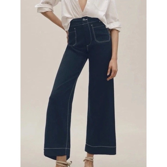 Maeve Pants - Maeve Colette Wide Leg Linen Blend Pants Crop Contrast Stitch Navy NWT 31 Tall